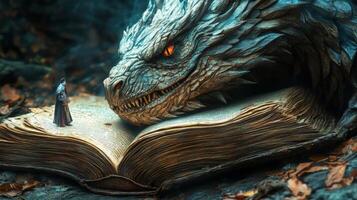 Fantasy scene with giant dragon and cloaked figure on ancient book among leaves photo