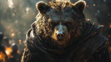 Fierce bear in tattered cloak surrounded by embers in a mysterious forest photo