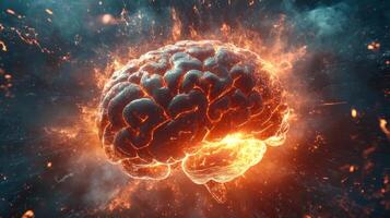 Fiery brain explosion with glowing neural energy photo