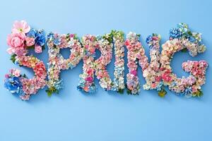 Floral spring lettering on blue background with colorful flowers photo