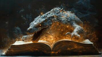 Fire-breathing dragon emerging from ancient book with flames and sparks photo