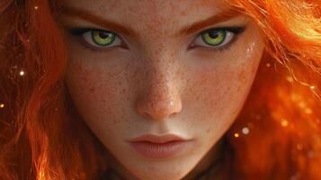 Fiery-haired female with green eyes and freckles staring intently photo