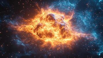 Fiery cosmic explosion amidst vibrant blue nebula in deep space photo