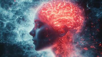 Futuristic neon brain activity in caucasian female profile with glowing neural network photo