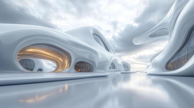 Futuristic curved architecture landscape with smooth white surfaces and dramatic sky photo
