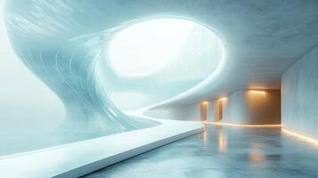 Futuristic architecture with curved glass structures and ambient lighting in modern hallway photo