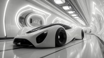 Futuristic sleek white car in modern illuminated tunnel photo