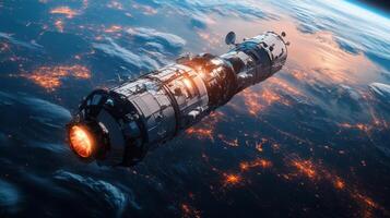 Futuristic spacecraft orbiting earth with fiery engine over glowing cityscapes photo
