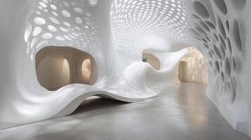 Futuristic sculptural interior with organic white curves and textured patterns photo