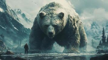 Giant bear dominates mountain wilderness facing adventurer photo