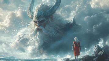 Giant mystical creature confronts lone figure amidst ocean waves and clouds photo
