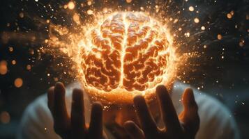 Glowing brain in human hands depicting conceptual intelligence and creativity photo