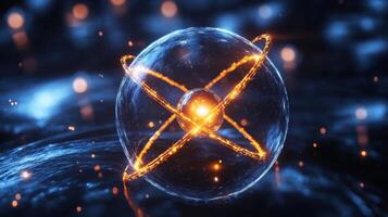 Glowing atomic structure with orbiting electrons in a vibrant cosmic setting photo