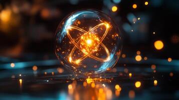 Glowing atomic structure with sparkling particles in a dark setting photo