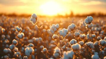 Golden sunset over a cotton field with blooming cotton bolls photo