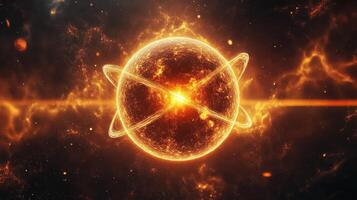 Glowing cosmic orb surrounded by fiery energy and space elements photo