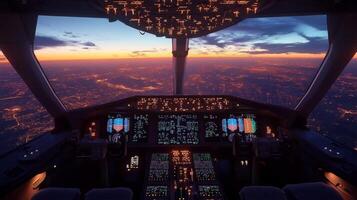 Illuminated cockpit at sunset with view of twinkling city lights below photo