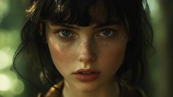 Intense gaze of young caucasian female in soft natural light photo