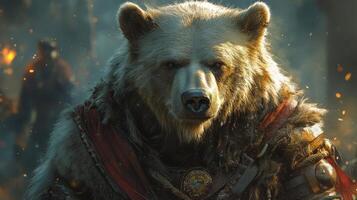 Majestic armored bear in enchanted forest with fiery embers in background photo