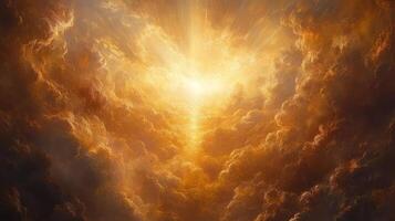Majestic golden clouds illuminated by radiant sunlight in a dramatic sky scene photo