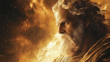 Majestic elderly caucasian male with golden aura and epic expression photo