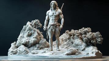 Male warrior sculpture in detailed natural setting with sword and vegetation photo
