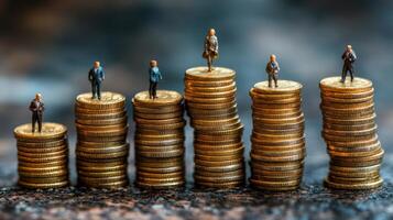 Miniature businesspeople on stacks of coins representing financial success and growth photo