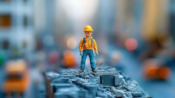 Miniature construction worker figure on urban street photo