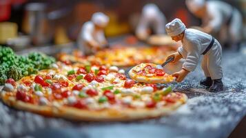 Miniature chefs create delicious pizzas with fresh toppings photo