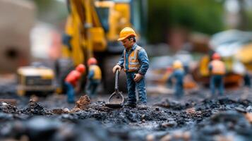 Miniature construction scene with workers and equipment photo