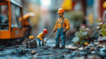 Miniature construction workers on site with equipment and machinery photo