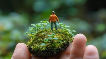 Miniature figure in orange jacket on mossy island with green plants photo