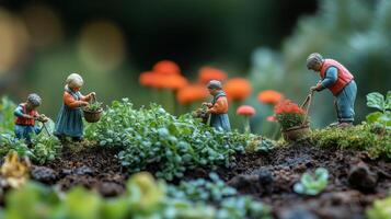 Miniature family tending garden with greenery and bright orange flowers photo