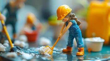 Miniature female construction worker toy with hard hat and mop on wet surface photo