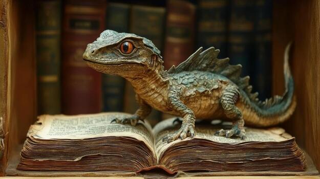 Miniature dragon on opened book in library setting photo