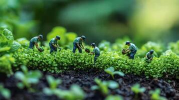 Miniature figures gardening on vibrant green plants in lush garden photo