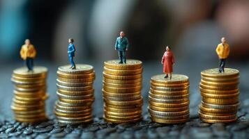 Miniature figures on stacked coins representing economic inequality and diversity photo