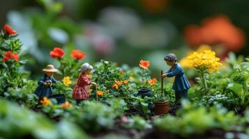 Miniature garden scene with figurines tending vibrant flower beds photo