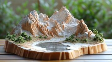 Miniature mountain landscape with snow-capped peaks and lake photo