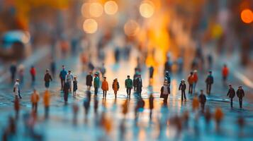Miniature people in urban scene with soft focus and warm lighting photo