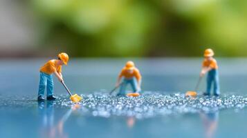 Miniature workers cleaning wet surface with brooms photo