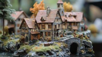 Miniature medieval village with stone bridge and timber houses in scenic landscape photo