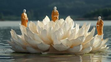 Monks in orange robes on giant lotus in serene lake photo