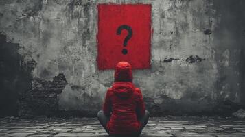 Mysterious figure in red facing wall with red question mark photo