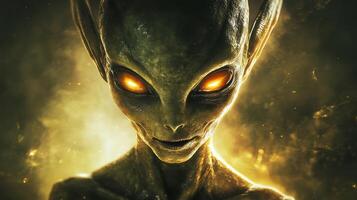 Mysterious alien with glowing eyes in cosmic glow photo
