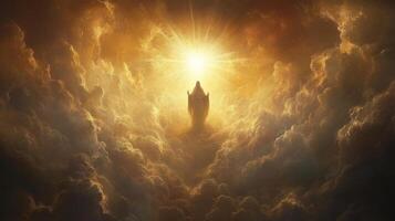 Mystical figure in radiant clouds with luminous light in a heavenly sky photo