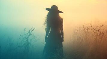 Mystical silhouette of a female in hat amidst foggy, sunset field photo