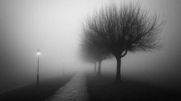Mystical foggy park path with bare trees and vintage street lamps at dawn photo