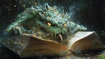 Mystical dragon emerging from ancient book in enchanted forest photo