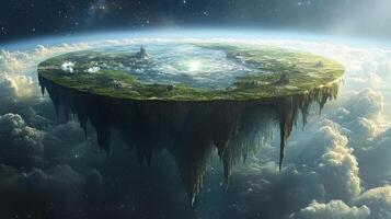 Mystical floating island above clouds in a sunlit sky photo